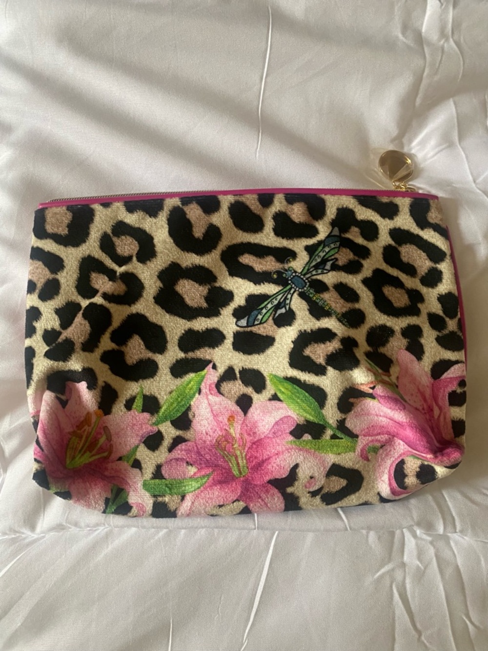Estee Lauder Leopard Print Cosmetic Pouch with Pink Floral Accents